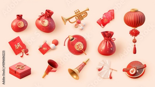 Spring Festival themed 3D icon design set featuring gold ingots, money bags, firecrackers, trumpets, red envelopes, fans, Chinese knots, and other festive symbols in a cute cartoon style with matte cl