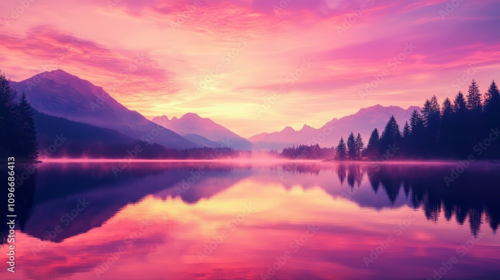 Fototapeta premium A breathtaking view of a tranquil lake surrounded by majestic mountains, reflecting vibrant colors of the sunset in pink and orange hues.