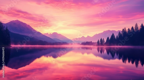 A breathtaking view of a tranquil lake surrounded by majestic mountains, reflecting vibrant colors of the sunset in pink and orange hues.