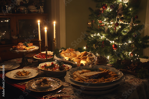 An image of a festively laid table featuring traditional holiday dishes, Christmas tree decorations, and glowing candles, creating a warm and inviting holiday atmosphere.