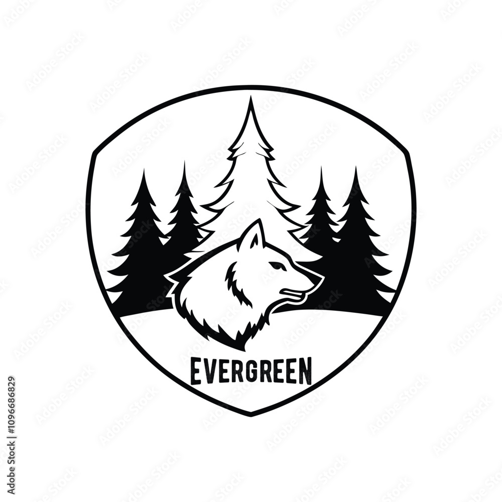 Obraz premium silhouette Wolf and Pine Trees Emblem - Evergreen Logo Design vector illustration