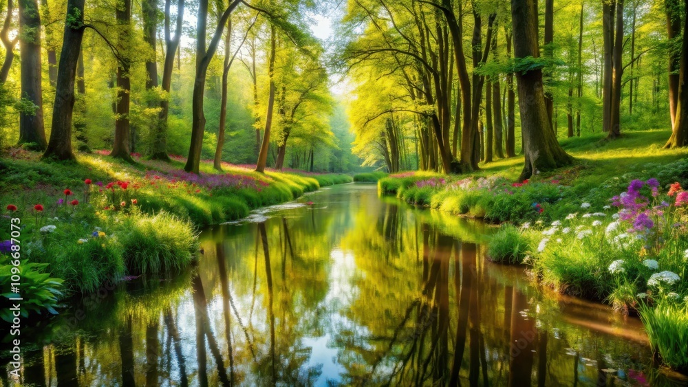 A serene forest stream meanders through lush greenery, its calm waters reflecting the vibrant canopy of trees and the colorful blooms along its banks. A serene forest stream meanders through lush greenery, its calm waters reflecting the vibrant canopy of trees and the colorful blooms along its banks.