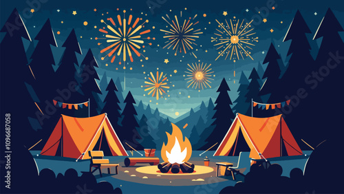 illustration of atmosphere at a campsite in the forest with a campfire in the middle, two tents on either side and fireworks in the sky