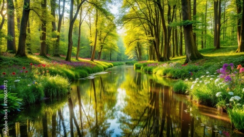 A serene forest stream meanders through lush greenery, its calm waters reflecting the vibrant canopy of trees and the colorful blooms along its banks.