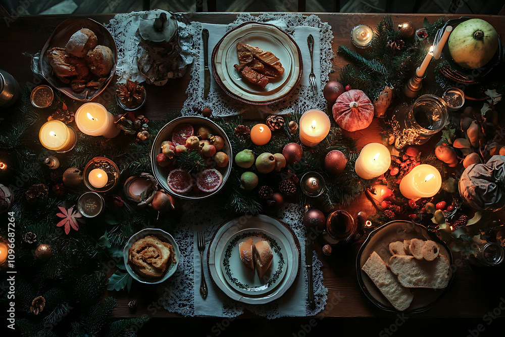 An image of a festively laid table featuring traditional holiday dishes, Christmas tree decorations, and glowing candles, creating a warm and inviting holiday atmosphere. An image of a festively laid table featuring traditional holiday dishes, Christmas tree decorations, and glowing candles, creating a warm and inviting holiday atmosphere.