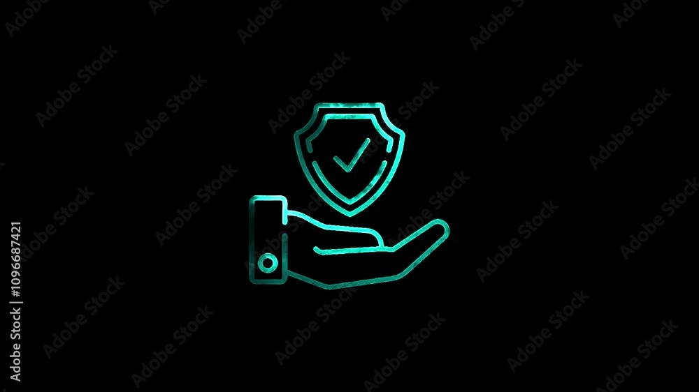 Glowing neon line Shield in hand icon isolated on black background. Insurance concept. Guard sign. Security, safety, protection, privacy concept. 4K ... Glowing neon line Shield in hand icon isolated on black background. Insurance concept. Guard sign. Security, safety, protection, privacy concept. 4K ...