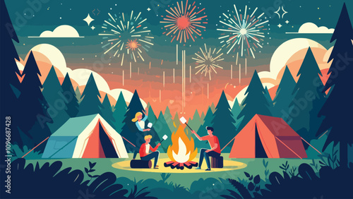 illustration of atmosphere at a campsite in the forest with a campfire in the middle, some teenagers set fire to the marshmallow, two tents on either side and fireworks in the sky