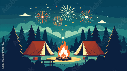 illustration of atmosphere at a campsite in the forest with a campfire in the middle, two tents on either side and fireworks in the sky