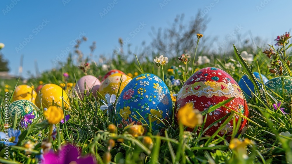 Decorated Easter Eggs on Grass with Wildflowers Decorated Easter Eggs on Grass with Wildflowers