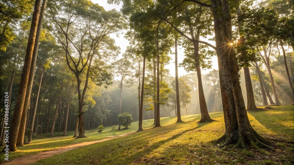 Forest floor bathed in warm sunlight as trees stand proud amidst the Tung Bua Tong park landscape, landscape, branches, canopy
