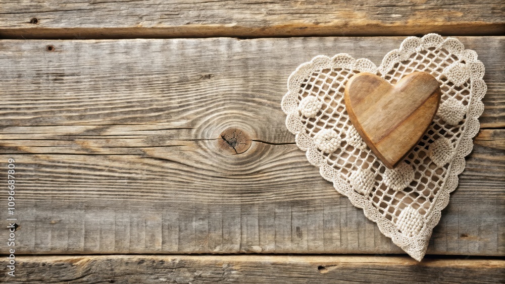 A rustic wooden heart resting on a delicate crochet doily, a symbol of love and warmth against a backdrop of weathered wood A rustic wooden heart resting on a delicate crochet doily, a symbol of love and warmth against a backdrop of weathered wood