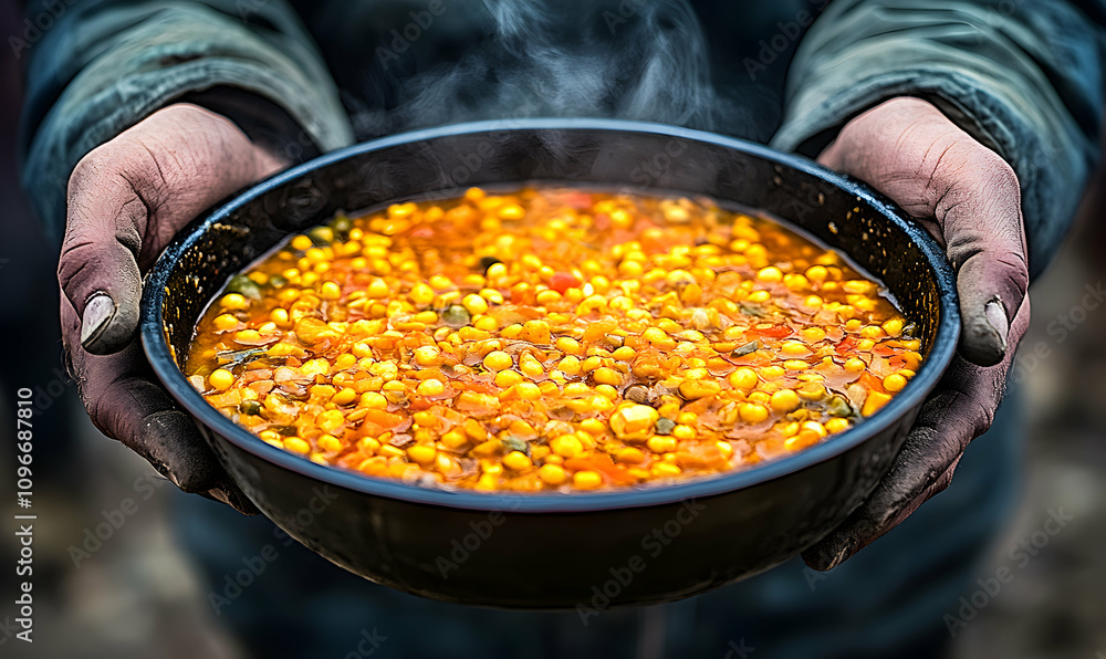 Steaming bowl of hearty corn stew held by weathered hands, showcasing rustic comfort food. Steaming bowl of hearty corn stew held by weathered hands, showcasing rustic comfort food.