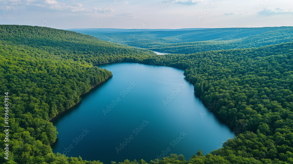 Fototapeta premium Jezioro położone w sercu lasu, widziane z wysokości, ukazuje spokojną scenerię i nieskazitelny krajobraz. 