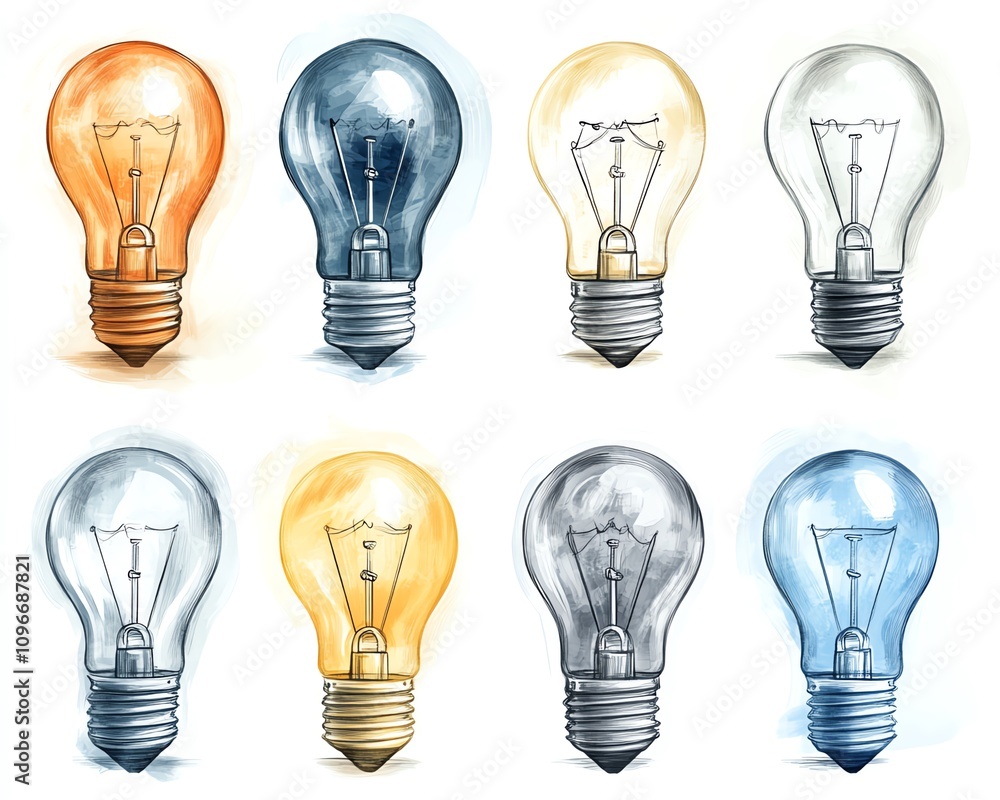 Handdrawn icons of light bulbs, representing innovative solutions and creative thinking, with soft shading and a handsketched look Handdrawn icons of light bulbs, representing innovative solutions and creative thinking, with soft shading and a handsketched look