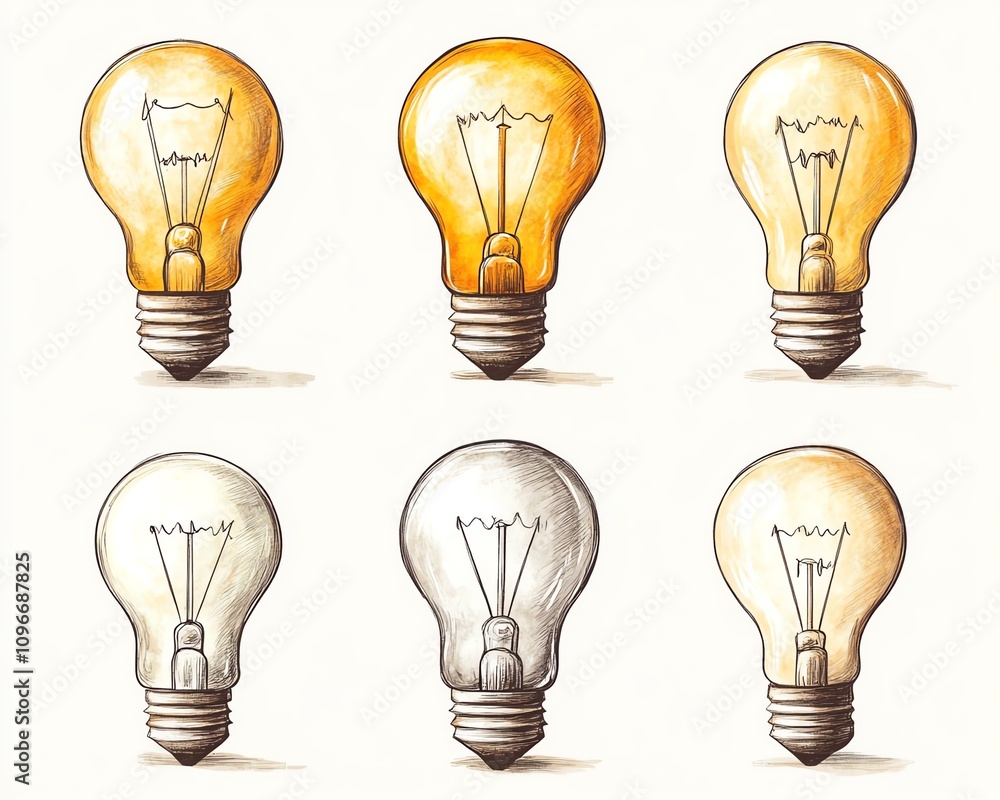 Handdrawn icons of light bulbs, representing innovative solutions and creative thinking, with soft shading and a handsketched look Handdrawn icons of light bulbs, representing innovative solutions and creative thinking, with soft shading and a handsketched look