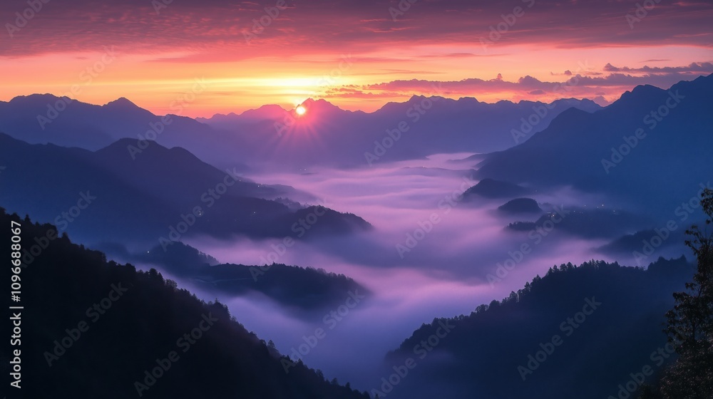 Stunning sunrise bathes the mountain peaks in a warm glow, while soft fog fills the valleys below, creating a peaceful and awe-inspiring landscape Stunning sunrise bathes the mountain peaks in a warm glow, while soft fog fills the valleys below, creating a peaceful and awe-inspiring landscape