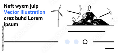 Wind turbine beside a pile of bitcoins with pickaxes. Ideal for sustainability, cryptocurrency, digital currency, blockchain, renewable energy, financial technology, environmental impact. Landing