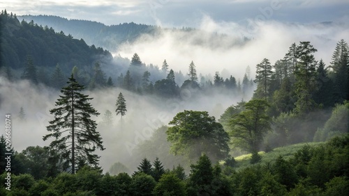 forest landscape with dense fog and mist, tall trees, lush greenery, mystical forest