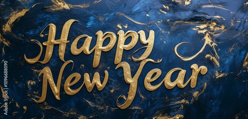 Elegant Gold Powder Scripting Happy New Year on a Deep Blue Surface