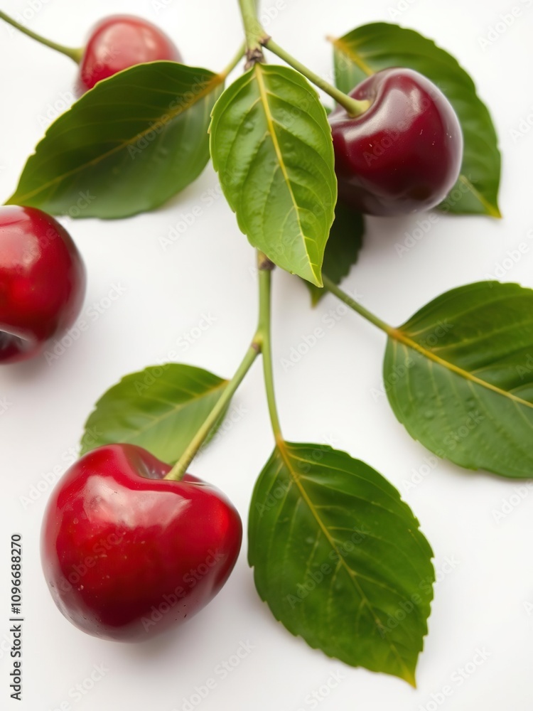 Fresh cherry with green leaves on a clean white background, close-up, cherry Fresh cherry with green leaves on a clean white background, close-up, cherry