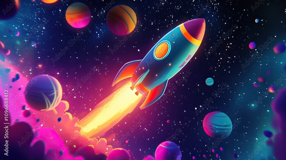 Fototapeta premium Colorful cartoon rockets exploring the vibrant cosmos. Space Background for Wallpaper. AI generated image