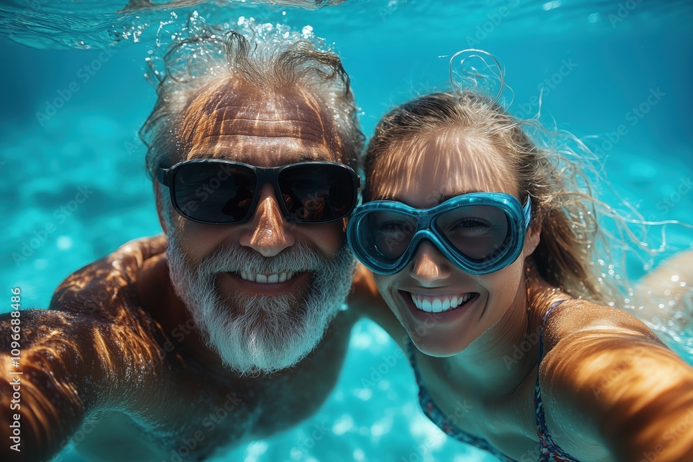 Naklejka premium Elderly man with white beard and woman in swimming goggles smiling and posing for an underwater photo in a blue pool