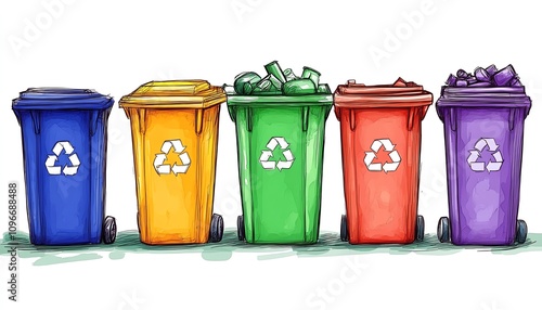 Minimalist doodle illustration of waste sorting bins in multicolors, using simple lines and subtle shading to represent recycling and trash containers