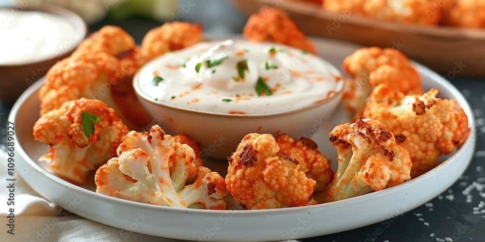 A healthy snack featuring cauliflower florets on a white plate alongside a bowl of tasty dip A healthy snack featuring cauliflower florets on a white plate alongside a bowl of tasty dip