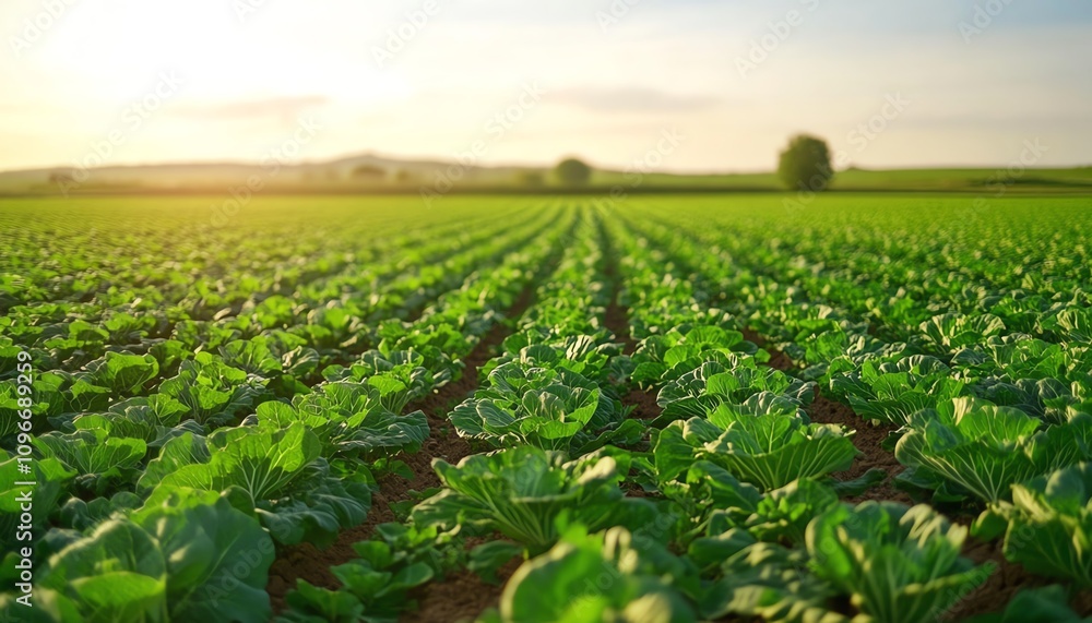 Fototapeta premium Picturesque cabbage field in a rural setting, featuring lush green crops in neat rows, with a calm countryside backdrop under a clear sky