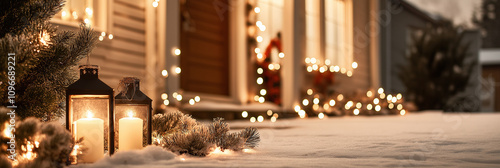 A cozy winter scene featuring glowing candles and festive string lights adorning a snow-covered entrance, evoking a warm holiday spirit in a tranquil setting.