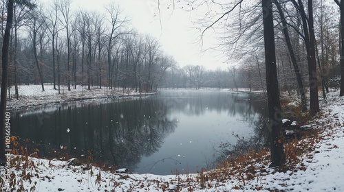 Zimowy krajobraz z lasem pokrytym śniegiem, z jeziorem odbijającym mroźną aurę, emanuje ciszą i harmonią.