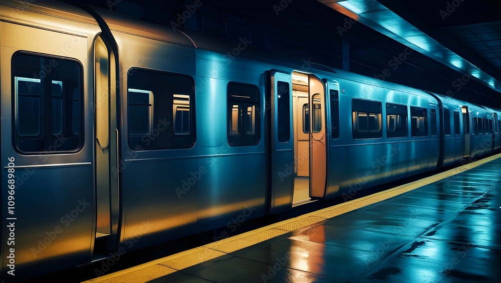 Fototapeta premium Silent Subway at Night Open subway Door Revealing an Empty Interior