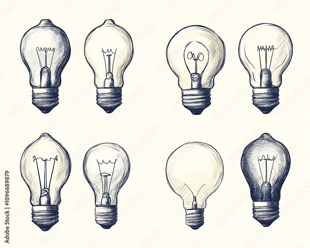 Set of creative handdrawn light bulb icons, each symbolizing different aspects of innovation and problemsolving with a light, sketchy design Set of creative handdrawn light bulb icons, each symbolizing different aspects of innovation and problemsolving with a light, sketchy design