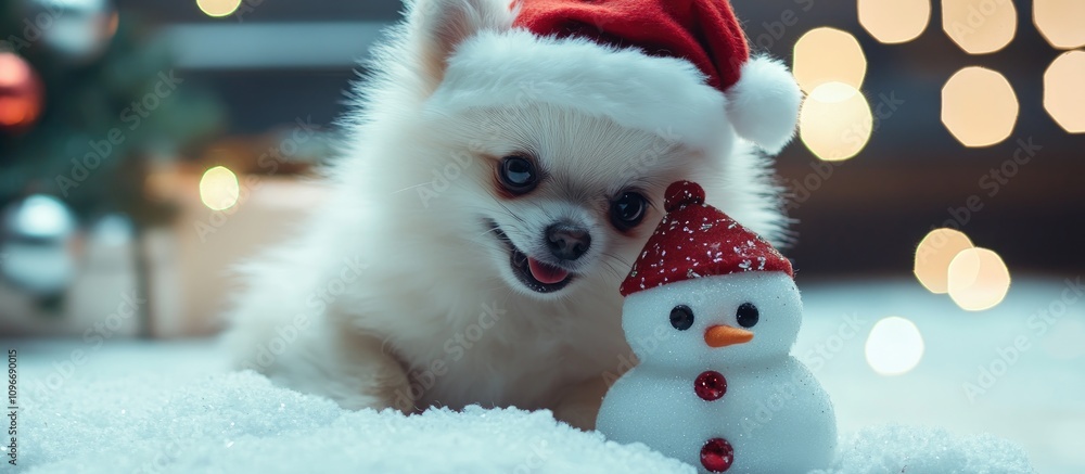 Pomeranian puppy in Christmas cap playfully interacts with snowman toy on snowy surface surrounded by festive lights and decorations Pomeranian puppy in Christmas cap playfully interacts with snowman toy on snowy surface surrounded by festive lights and decorations