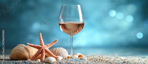 Elegant wine glass with starfish and seashells on sandy beach and soft blue background for summer coastal atmosphere decoration photo