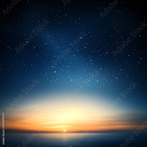 Stunning sunset over calm ocean, starry sky, serene and tranquil atmosphere.