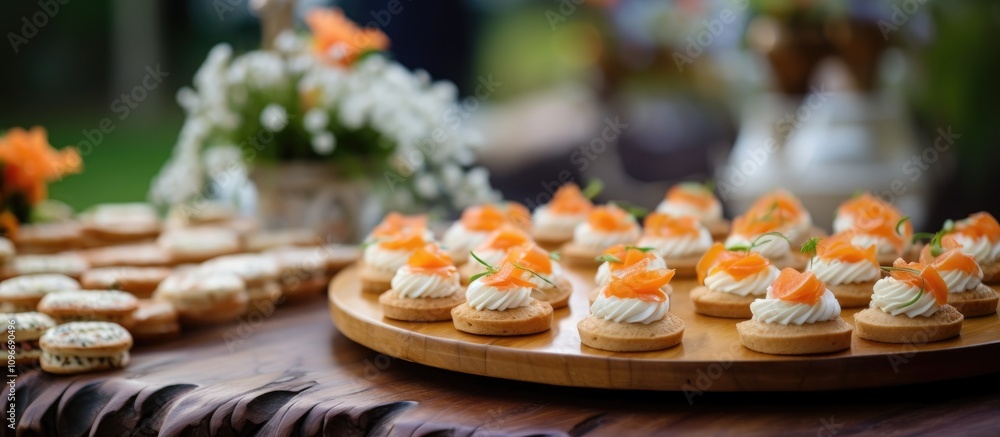 Catering display with gourmet canapes topped with salmon caviar and elegant pastries on rustic wooden trays in beautiful outdoor setting Catering display with gourmet canapes topped with salmon caviar and elegant pastries on rustic wooden trays in beautiful outdoor setting