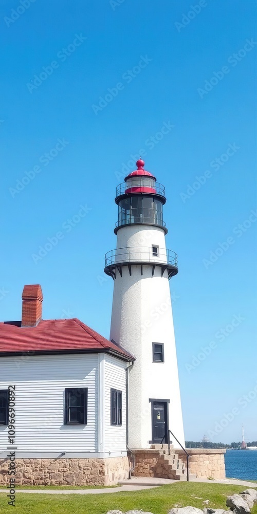 Historic Bug Light lighthouse overlooking Casco Bay in South Portland, Maine with clear blue skies, ocean views, historic Historic Bug Light lighthouse overlooking Casco Bay in South Portland, Maine with clear blue skies, ocean views, historic