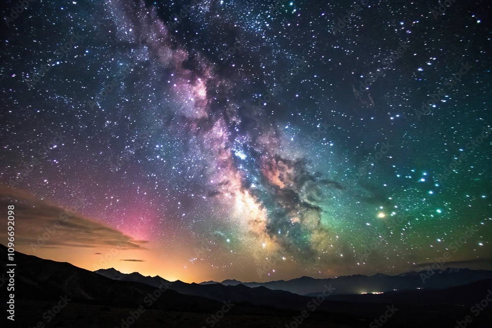 Fototapeta premium Iridescent colors blending with starlight in a deep space background, stellar explosion, colorful, acrylic, asteroid field, swirl