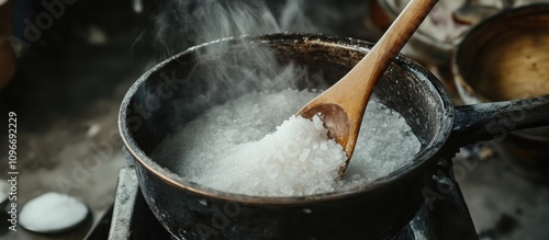 Traditional salt boiling process showcasing brine preparation in a rustic saucepan with steam rising and wooden spoon stirring the mixture.