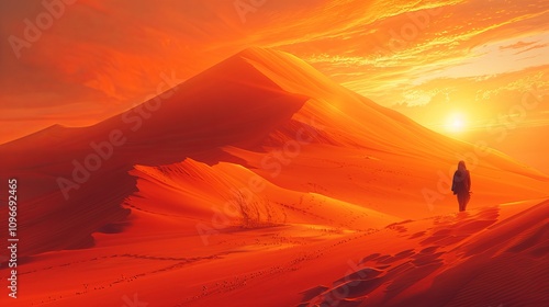 Solo traveler walking across vast sand dunes at sunset