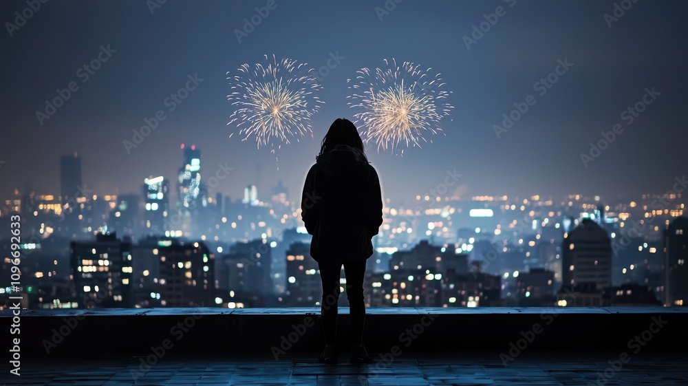 Fototapeta premium A silhouette watches fireworks light up a city skyline at night, creating a vibrant and celebratory atmosphere.