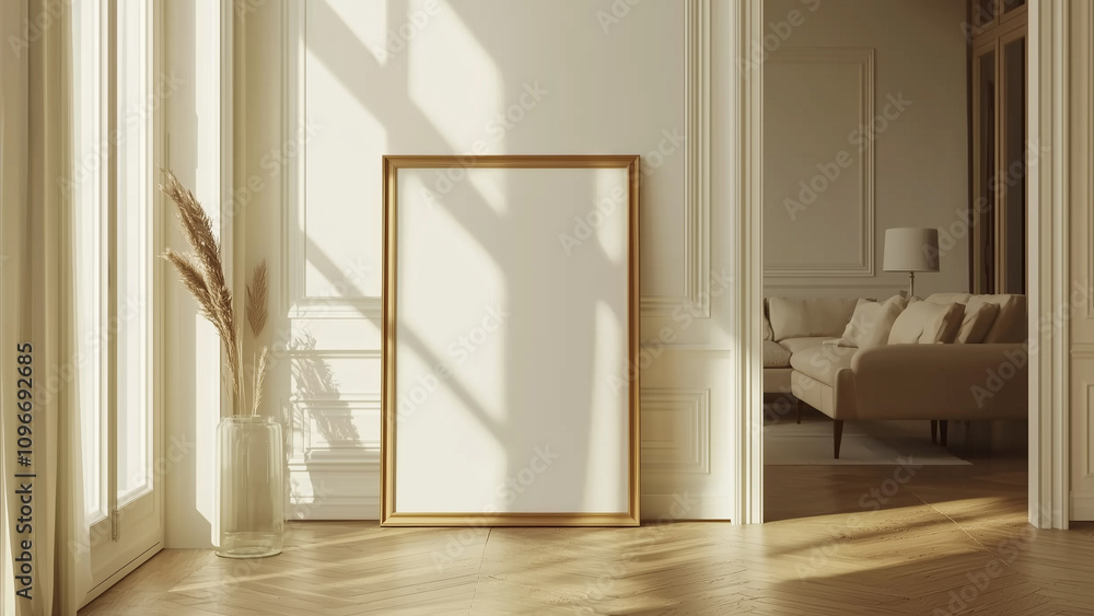 Modern Elegance: Wooden Frame Poster Mockup in a Sunlit Apartment Modern Elegance: Wooden Frame Poster Mockup in a Sunlit Apartment