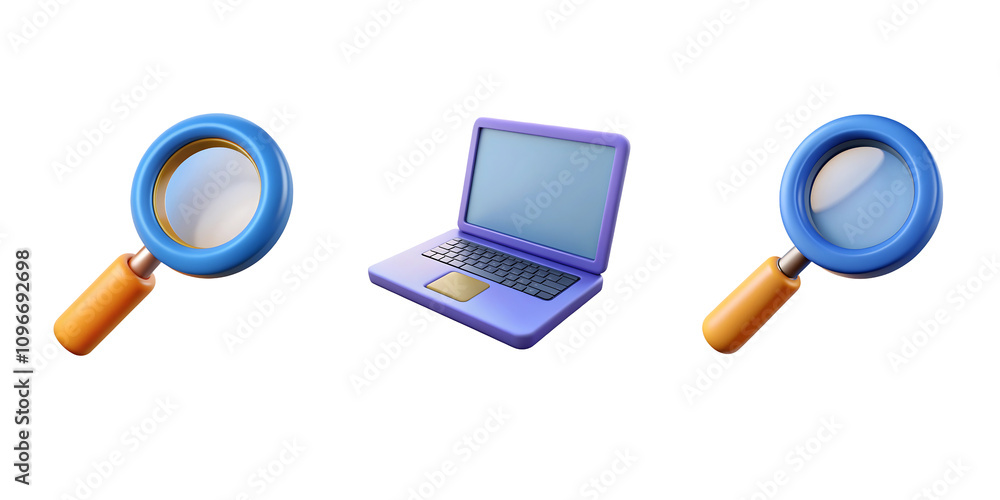 3D Magnifying Glass and Laptop Isolated on Transparent Background for Business and Technology Concepts 3D Magnifying Glass and Laptop Isolated on Transparent Background for Business and Technology Concepts