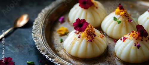 Indian Balushahi dessert beautifully presented on a decorative platter with colorful edible flowers and garnish for festive occasions. photo