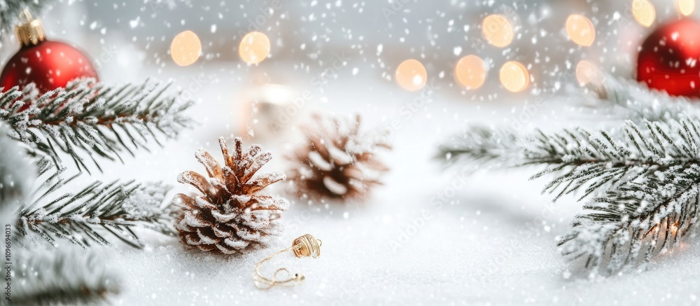 Cozy winter Christmas scene with snowflakes, pinecones, and festive decorations creating a serene holiday ambiance in gentle snowfall Cozy winter Christmas scene with snowflakes, pinecones, and festive decorations creating a serene holiday ambiance in gentle snowfall