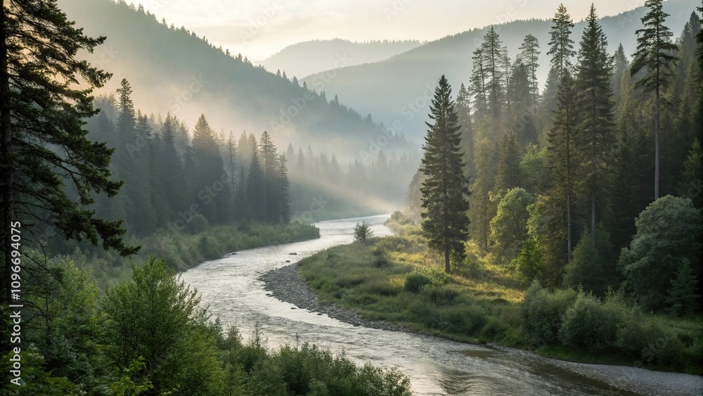 Misty river winding through dense mountain forest, peaceful, foliage, mountain, river Misty river winding through dense mountain forest, peaceful, foliage, mountain, river
