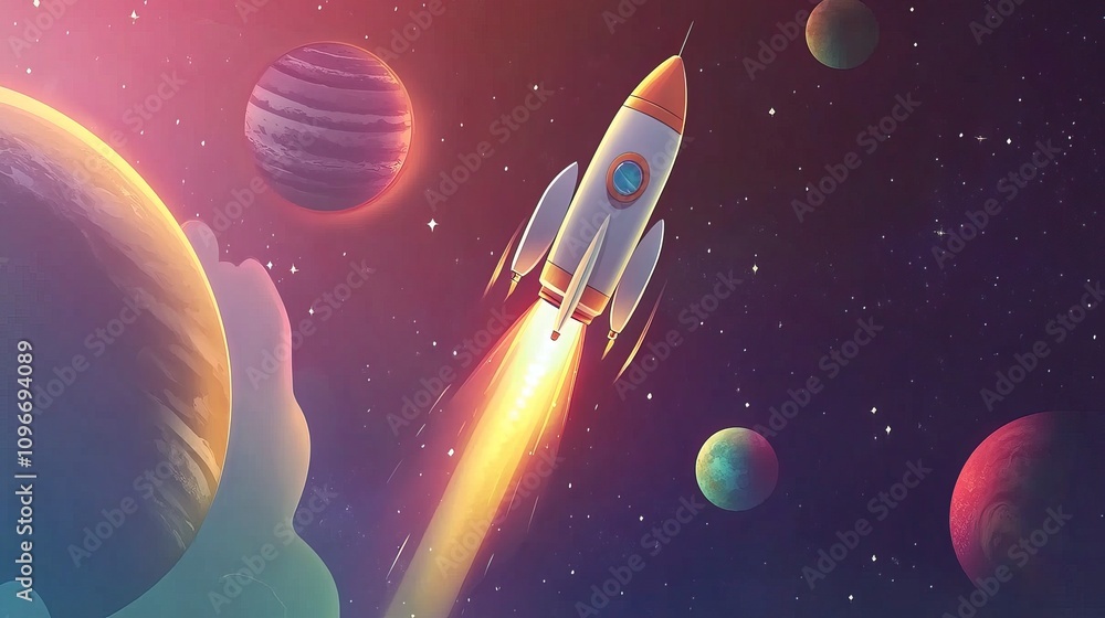 Naklejka premium Colorful cartoon rockets exploring the vibrant cosmos. Space Background for Wallpaper. AI generated image