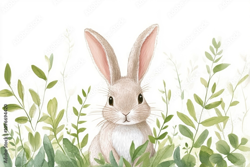 Obraz premium A watercolor painting of a rabbit sitting in the grass, with flowers and leaves surrounding it