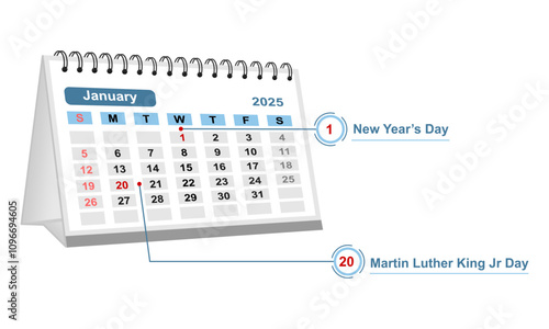 desk calendar for january 2025 with holidays label callout. vector illustration isolated on white background.